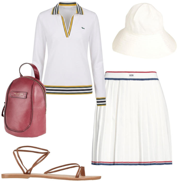 Outfit donna - Sporty. Stile Casual per Tutti i giorni. Abbinamento con zaini, cappelli, ciabatte, minigonne, polo.