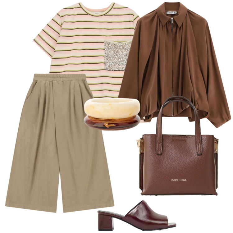 Outfit donna - Passeggiata in vacanza. per Tutti i giorni. Abbinamento con ciabatte, borse a tracolla, braccialetti, t-shirt, bomber, pantaloni a palazzo.