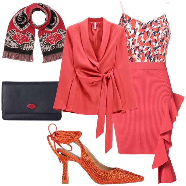 Outfit donna - Femminile... Stile Chic per Serata fuori. Abbinamento con body, minigonne, décolleté, sciarpe, portafogli, blazer.