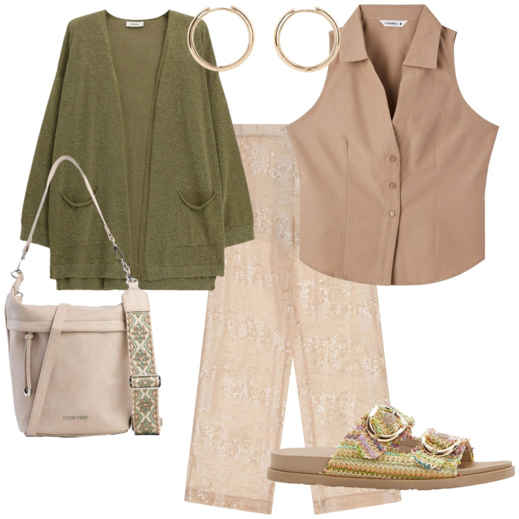 Outfit donna - Lungomare. per Mare. Abbinamento con ciabatte, orecchini, borse a tracolla, pantaloni a palazzo, cardigans, top.