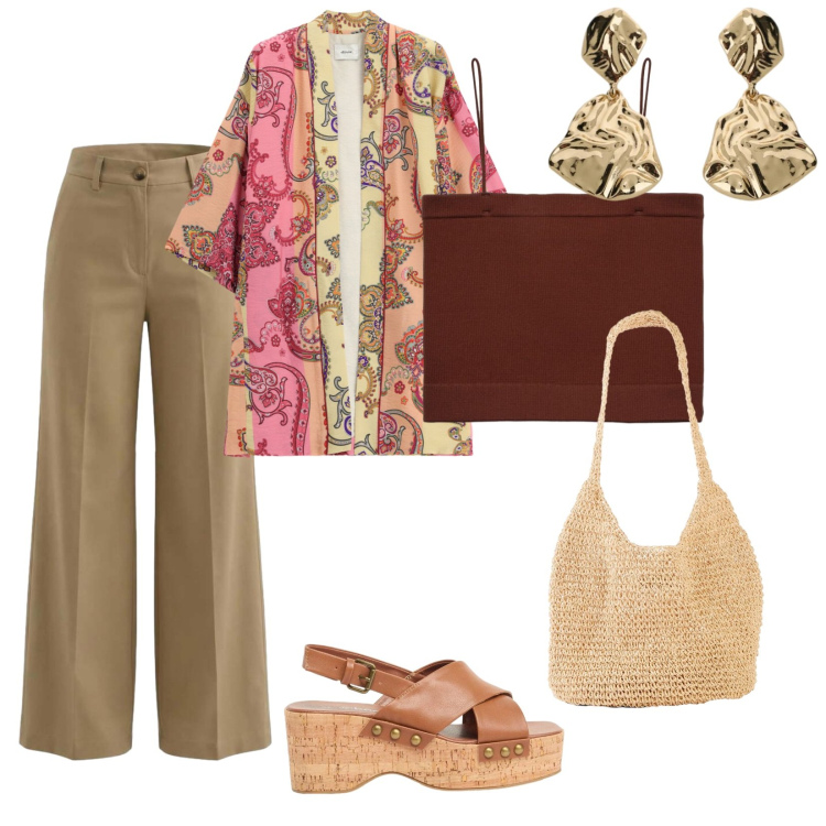 Outfit donna - Serata al mare. per Mare. Abbinamento con shopping bag, zeppe, orecchini, cappotti, top, pantaloni a palazzo.
