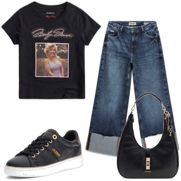 Outfit mujer - Casual look. Estilo Casual para Todos los días. Combinación con sneakers, camiseta, vaqueros, bolsos de hombro.