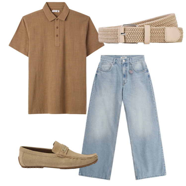 Outfit uomo - Nocciola su denim. Stile Casual per Tutti i giorni. Abbinamento con cinture, scarpe stringate, jeans, polo.