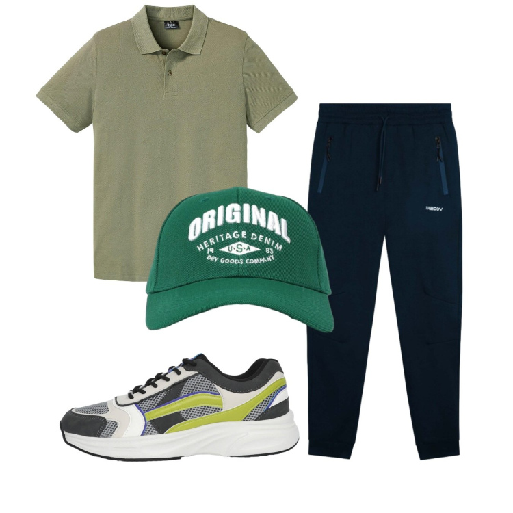 Outfit uomo - Sporty. Stile Urban per Sport. Abbinamento con polo, sneakers, cappelli con visiera, pantaloni.