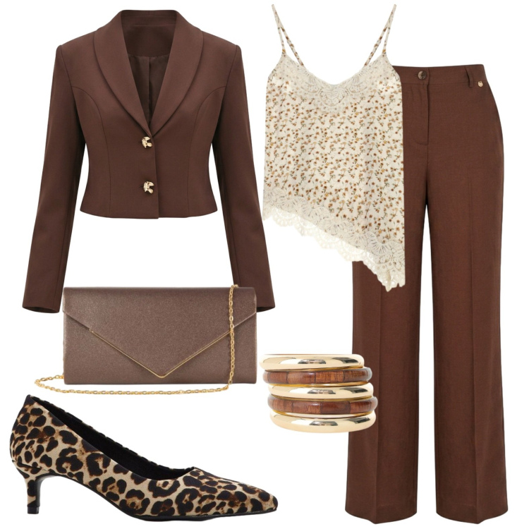 Outfit donna - Completo elegante. Stile Chic per Serata fuori. Abbinamento con décolleté, top, braccialetti, pantaloni, blazer, clutch.