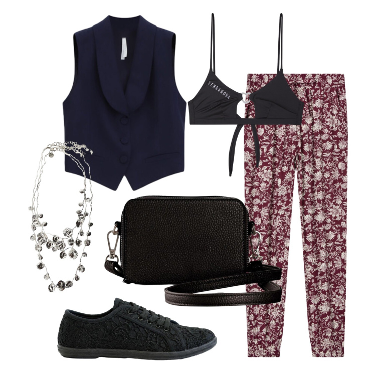 Outfit donna - Agosto. Stile Glamour per Tutti i giorni. Abbinamento con sneakers, borse a tracolla, pantaloni, bikini, gilet, collane.