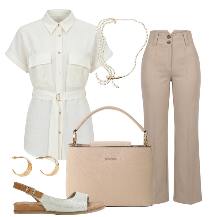 Outfit donna - Lavoro e dopo lavoro. Stile Chic per Tutti i giorni. Abbinamento con sandali, orecchini, pantaloni, borse a secchiello, collane, camicie a manica corta.
