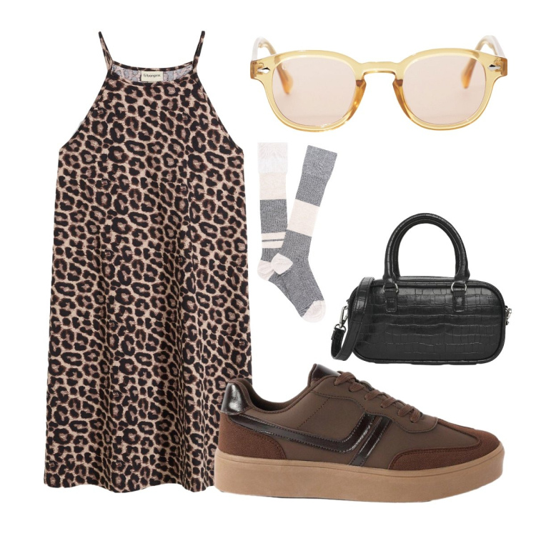 Outfit donna - Agosto. Stile Etnico per Tutti i giorni. Abbinamento con vestiti corti, sneakers, borse a tracolla, occhiali da sole, calzini.