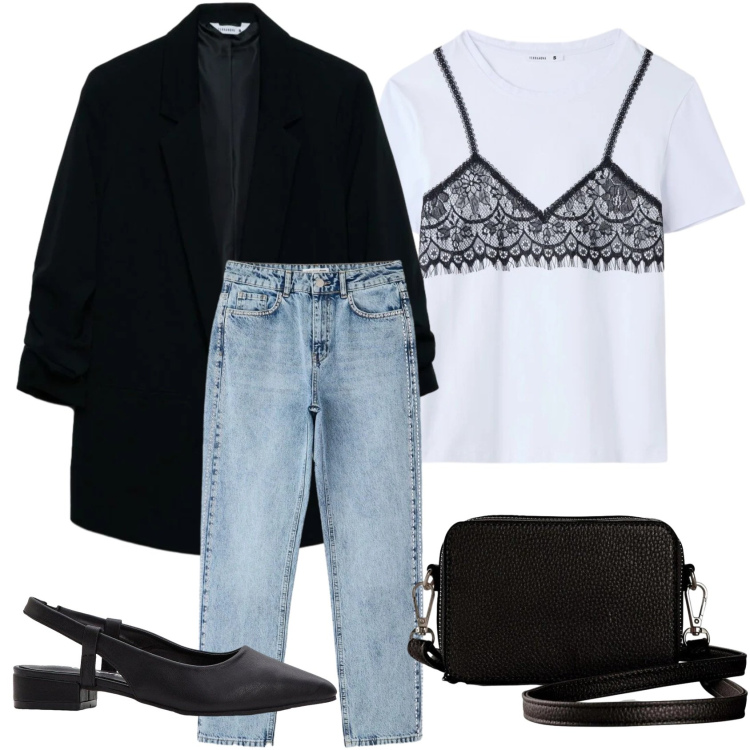 Outfit donna - Blazer e Denim. Stile Casual chic per Tutti i giorni. Abbinamento con borse a tracolla, décolleté, t-shirt, jeans mom, blazer.