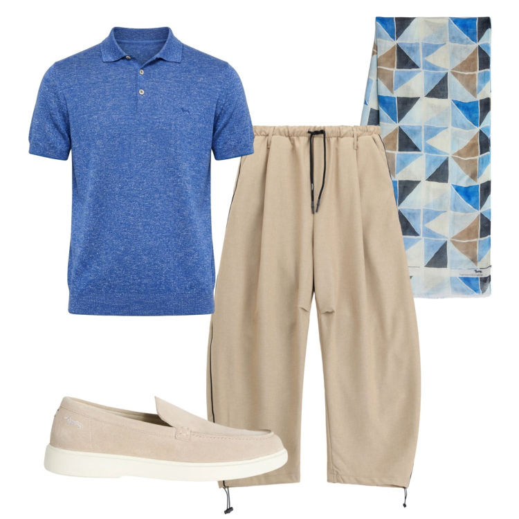 Outfit uomo - Cromatismo in vacanza. Stile Casual per Tutti i giorni. Abbinamento con scarpe stringate, sciarpe, polo, pantaloni.