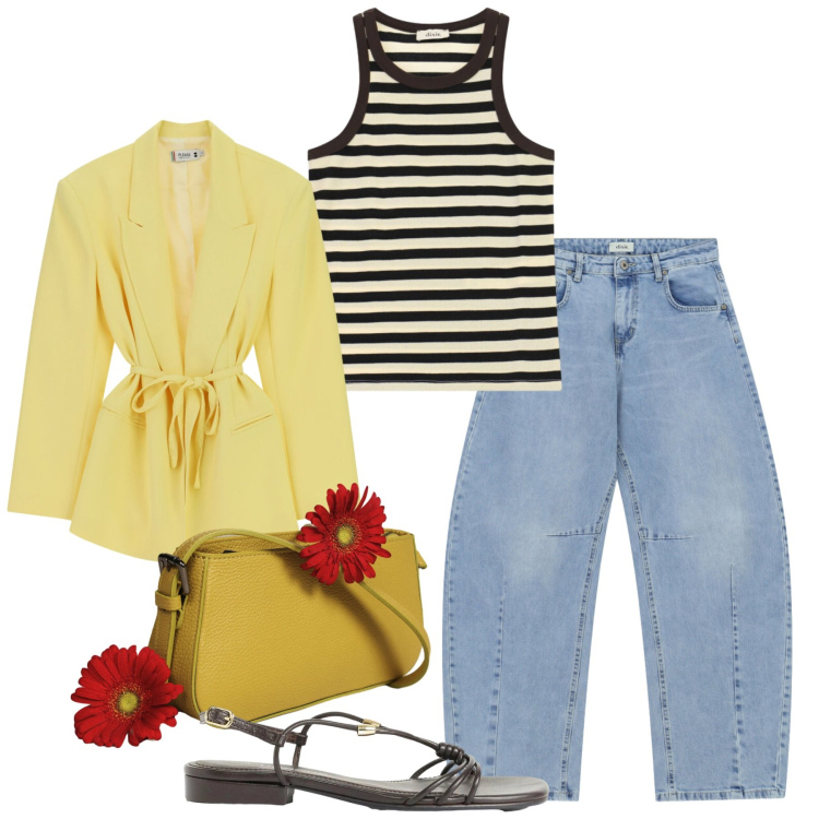 Outfit donna - A righe - @pamela. Stile Bon Ton per Tutti i giorni. Abbinamento con sandali, borse a spalla, jeans, canottiere, blazer.