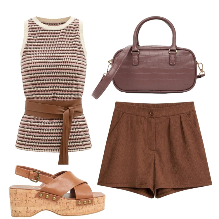 Outfit donna - Righe a toni neutri. Stile Boho per Tutti i giorni. Abbinamento con zeppe, pantaloni corti, borse a tracolla, canottiere.