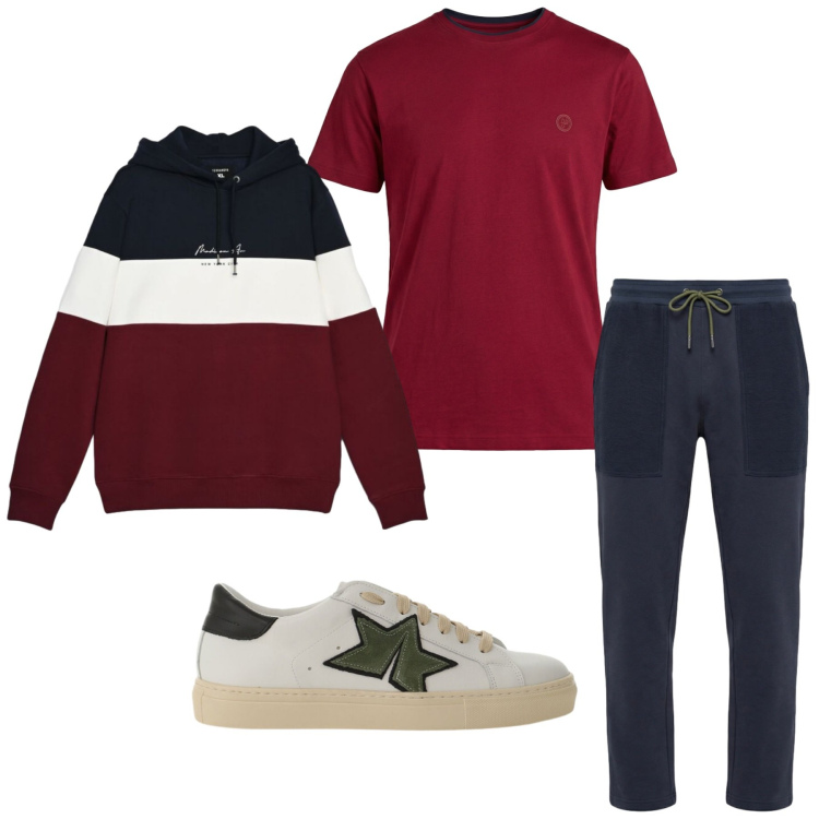 Outfit uomo - Total look #2455687. Stile Urban per Sport. Abbinamento con t-shirt, pantaloni, sneakers, felpe con cappuccio.