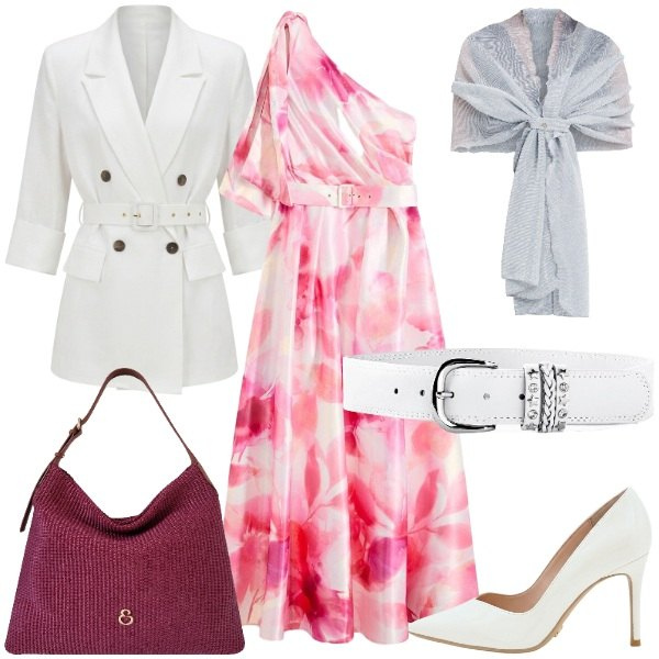 Outfit donna - Agosto in ufficio. Stile Glamour per Ufficio. Abbinamento con vestiti asimmetrici, cinture, stole, décolleté, blazer, borse a spalla.