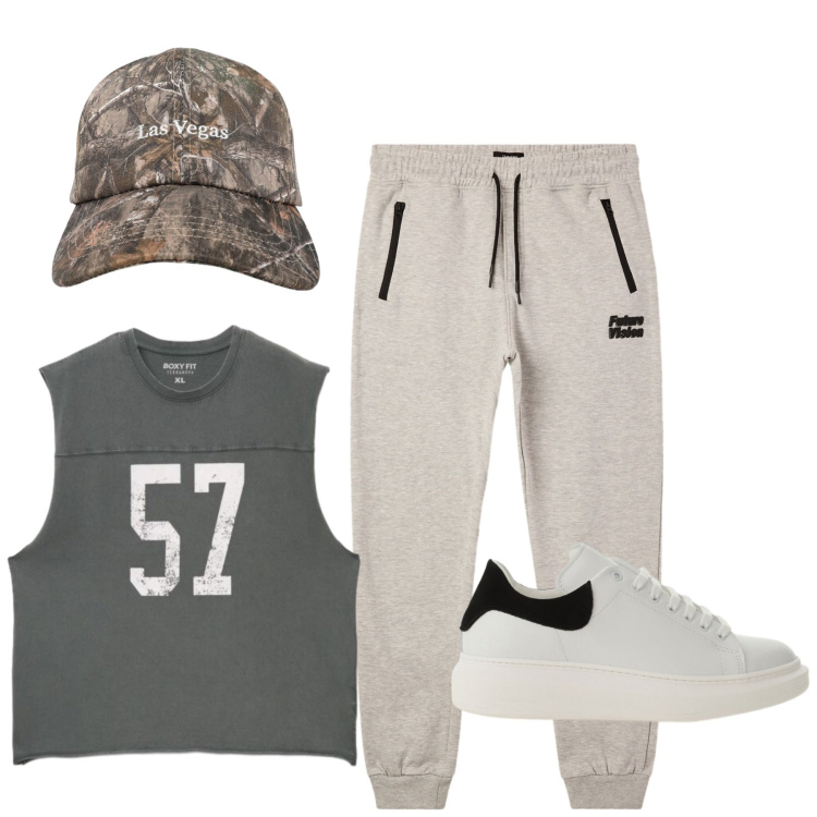 Outfit uomo - Total look #2455689. Stile Casual per Sport. Abbinamento con pantaloni, cappelli con visiera, t-shirt, sneakers.