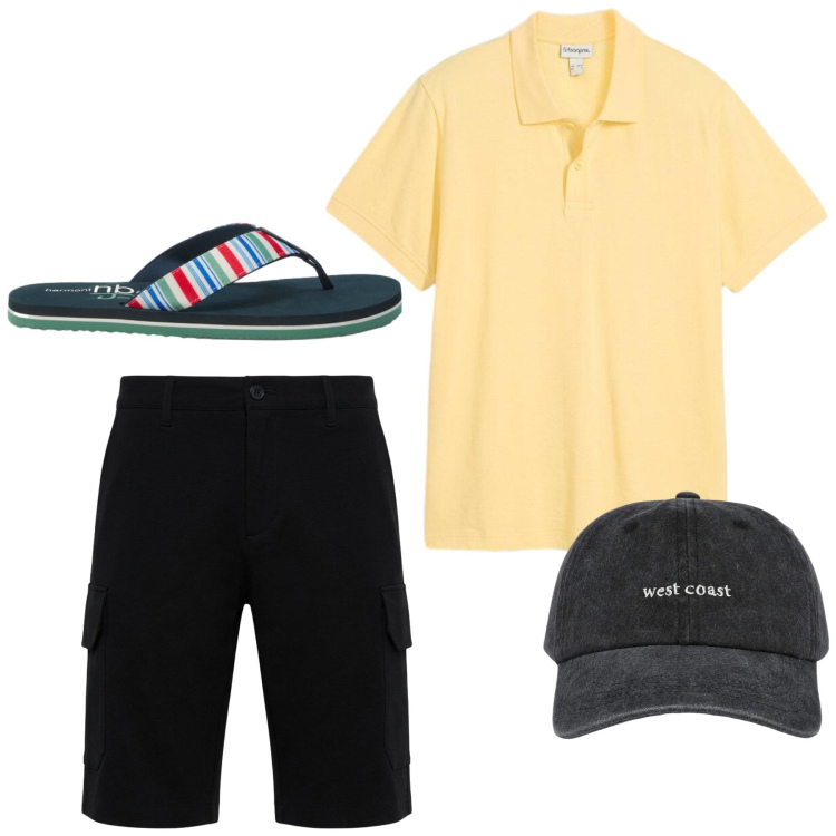 Outfit uomo - Total look #2455690. Stile Casual per Mare. Abbinamento con polo, cappelli, pantaloni corti, sandali.