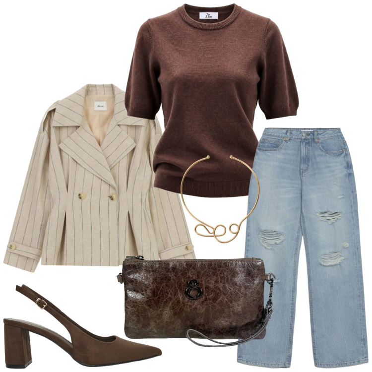 Outfit donna - Total look #2455718. Stile Trendy per Ufficio. Abbinamento con collane, blazer, jeans strappati, décolleté, maglieria, pochette.