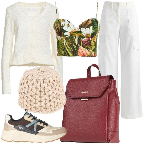 Outfit donna - Passeggiate, panorami e serate fresche. Stile Casual chic per Tutti i giorni. Abbinamento con cappelli, zaini, top, cardigans, pantaloni cargo, sneakers.