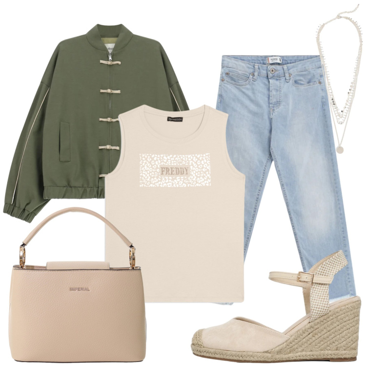 Outfit donna - Total look #2455728. Stile Casual chic per Tutti i giorni. Abbinamento con collane, borse a secchiello, bomber, zeppe, jeans, top.