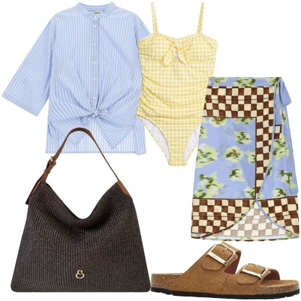 Outfit donna - Mix & Match Estivo. Stile Casual chic per Tutti i giorni. Abbinamento con ciabatte, costumi interi, camicie, gonne longuette, borse a spalla.
