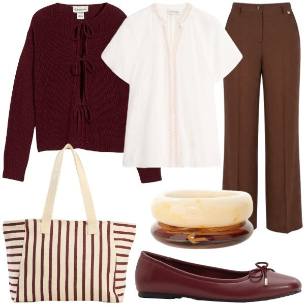 Outfit donna - Ultimi giorni d’estate. Stile Casual chic per Tutti i giorni. Abbinamento con ballerine, cardigans, tuniche, shopping bag, braccialetti, pantaloni.