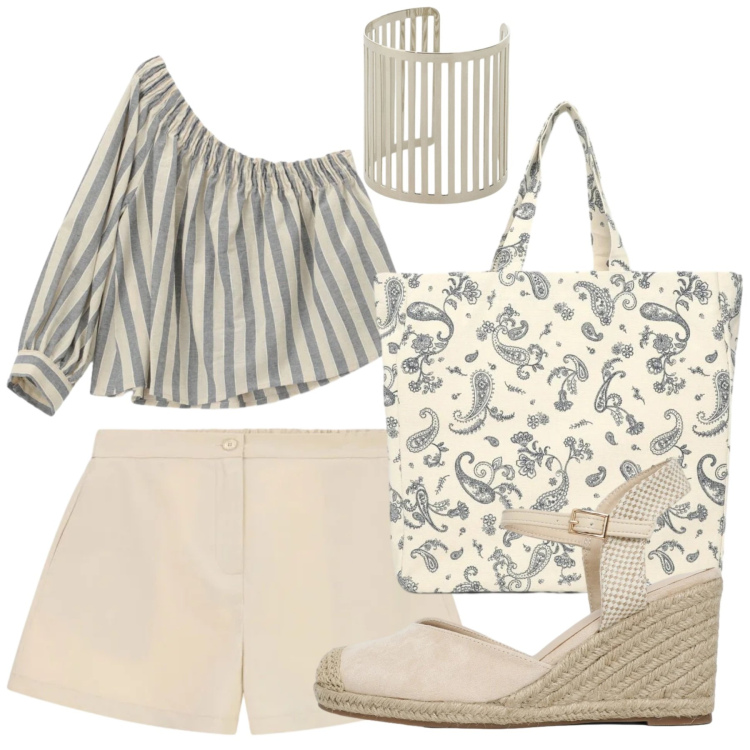 Outfit donna - Passeggiata estiva. Stile Casual chic per Tutti i giorni. Abbinamento con shopping bag, zeppe, shorts, bluse, braccialetti.