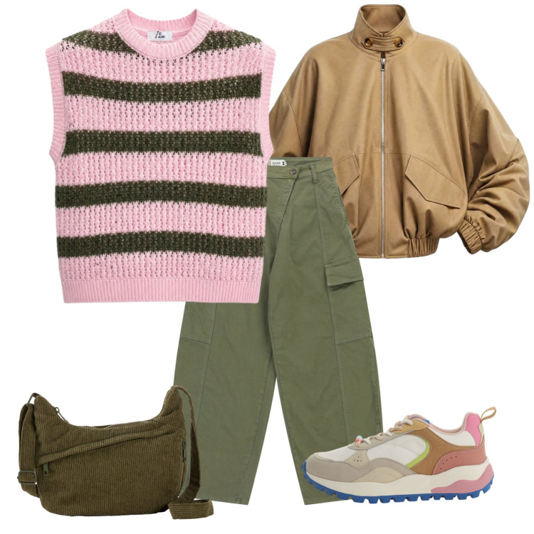 Outfit donna - Due passi di sera in montagna. Stile Sporty chic per Tutti i giorni. Abbinamento con borse a tracolla, bomber, maglieria, pantaloni cargo, sneakers.