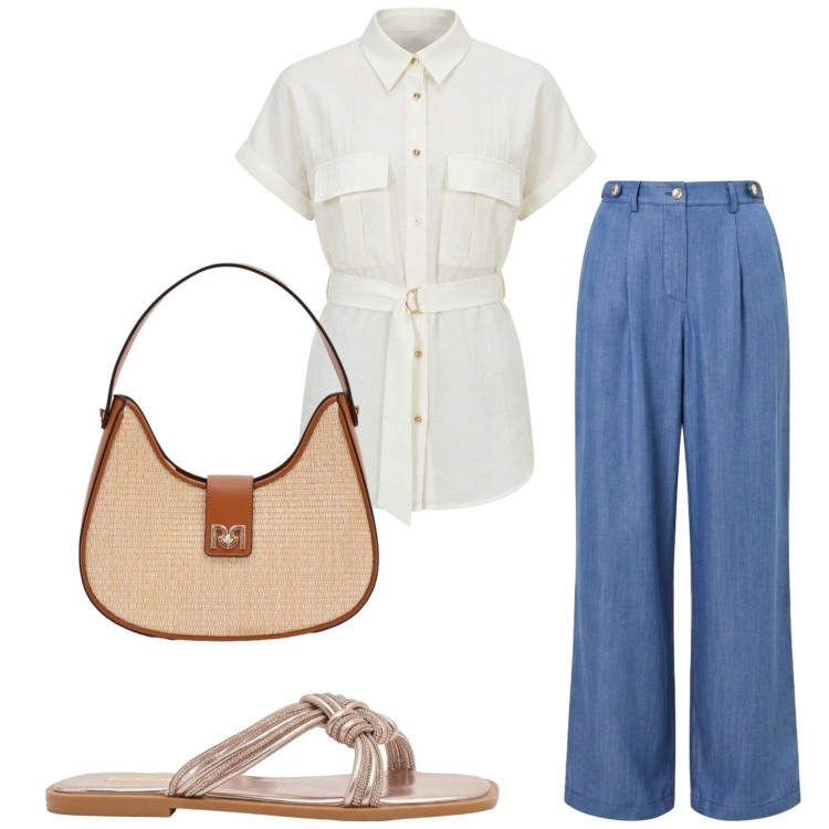 Outfit donna - Sale Rinascimento. Stile Casual chic per Tutti i giorni. Abbinamento con borse a spalla, sandali, pantaloni, camicie a manica corta.