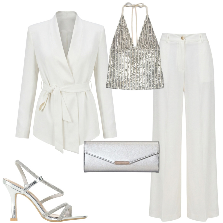 Outfit donna - Cerimonia estiva. Stile Chic per Cerimonia. Abbinamento con top, sandali col tacco, pantaloni a palazzo, blazer, clutch.