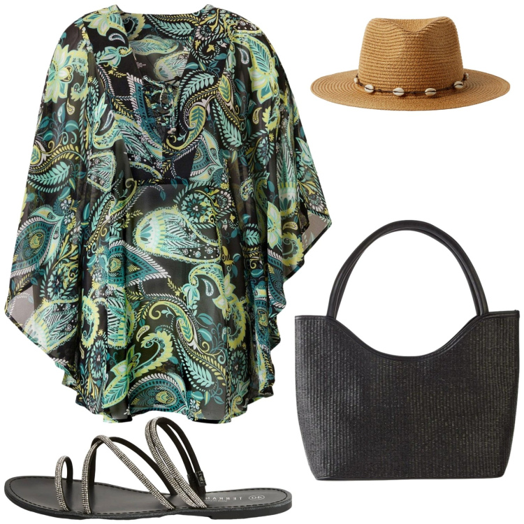 Outfit donna - Voglia di caftano. Stile Glamour per Mare. Abbinamento con vestiti da spiaggia, shopping bag, sandali, cappelli.