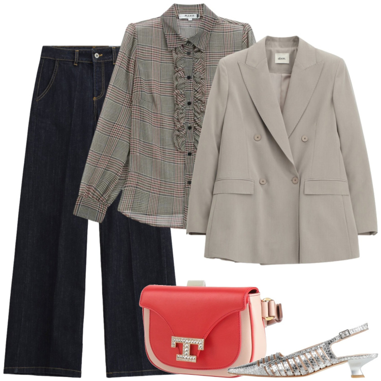 Outfit donna - Ritorno alla realtà. Stile Trendy per Ufficio. Abbinamento con marsupi, décolleté, camicie, pantaloni a palazzo, blazer.