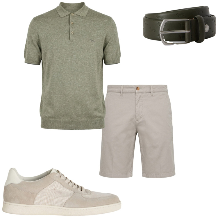 Outfit uomo - Giornata estiva. Stile Casual per Tutti i giorni. Abbinamento con sneakers, bermuda, polo, cinture.