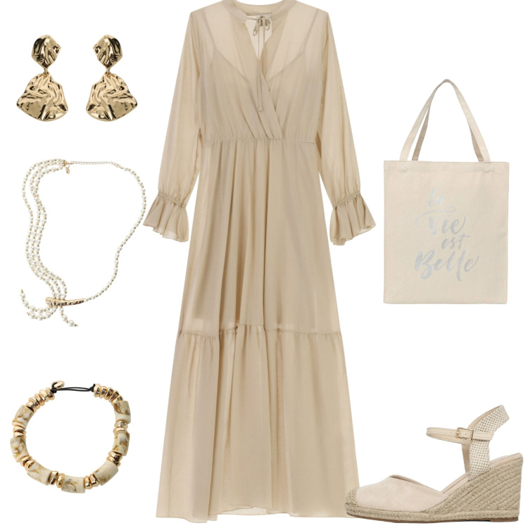Outfit donna - Serata in stile Boho. Stile Boho per Serata fuori. Abbinamento con orecchini, collane, braccialetti, vestiti lunghi, borse tote, zeppe.