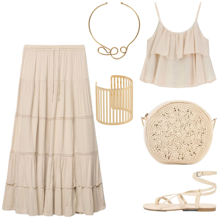 Outfit donna - Intramontabile Boho. Stile Boho per Tutti i giorni. Abbinamento con borse a tracolla, sandali, gonne lunghe, top, collane, braccialetti.