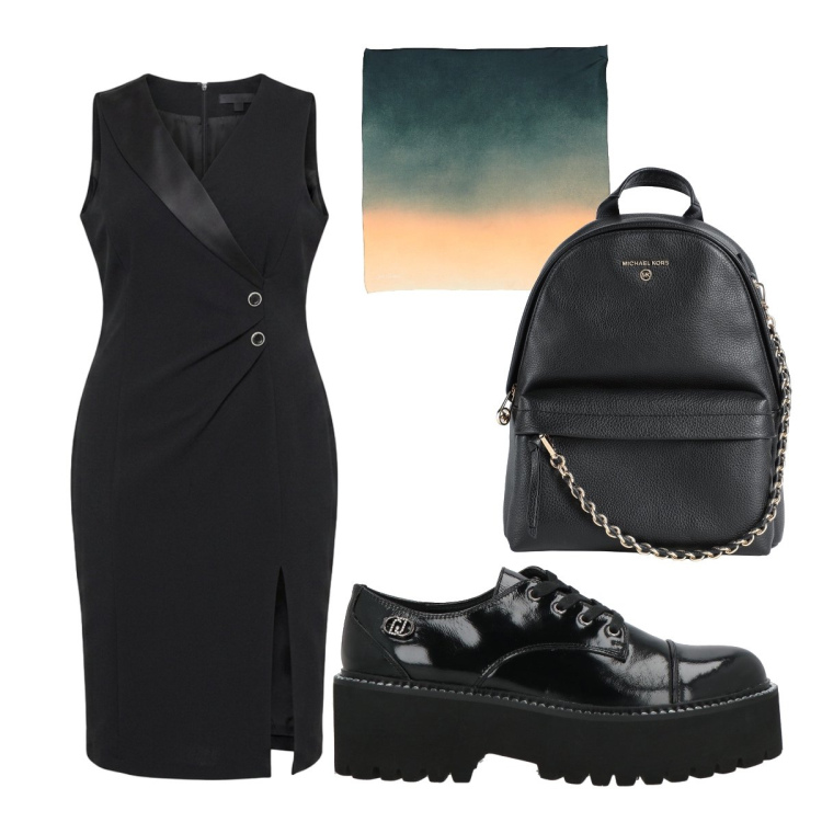 Outfit donna - Laureata curvy. Stile Casual chic per Cerimonia. Abbinamento con scarpe stringate, zaini, sciarpe, vestiti asimmetrici.