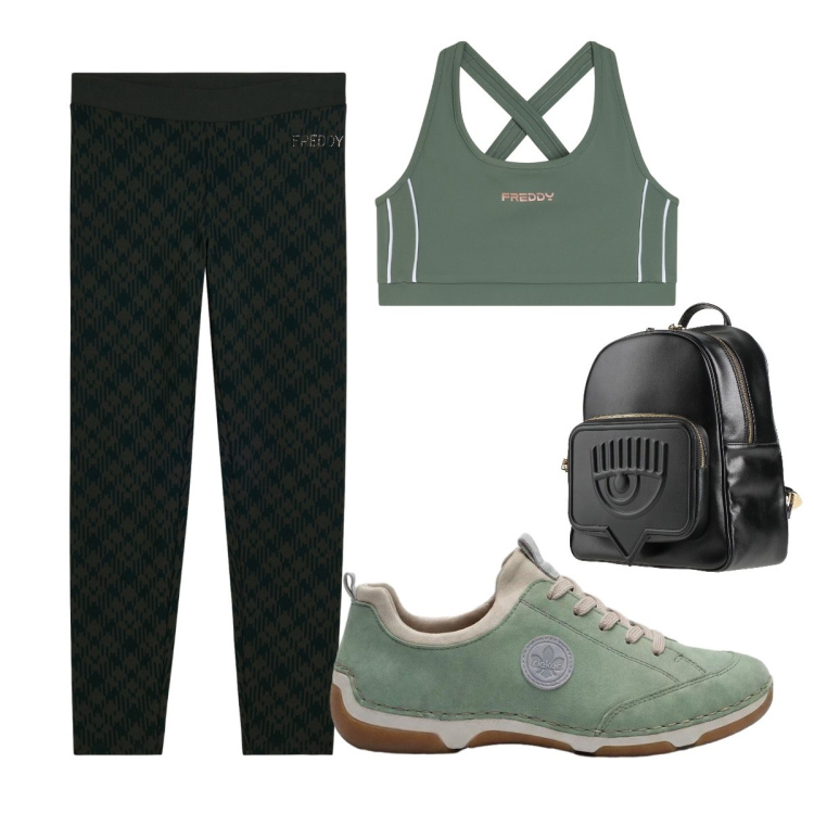 Outfit donna - Energia e motivazione. Stile Basic per Sport. Abbinamento con zaini, sneakers, leggings, top.