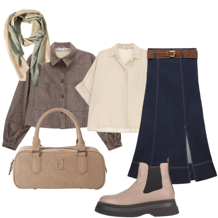 Outfit donna - In città. Stile Casual chic per Tutti i giorni. Abbinamento con stivaletti, gonne lunghe, cappotti, borse a mano, camicie a manica corta, foulard.