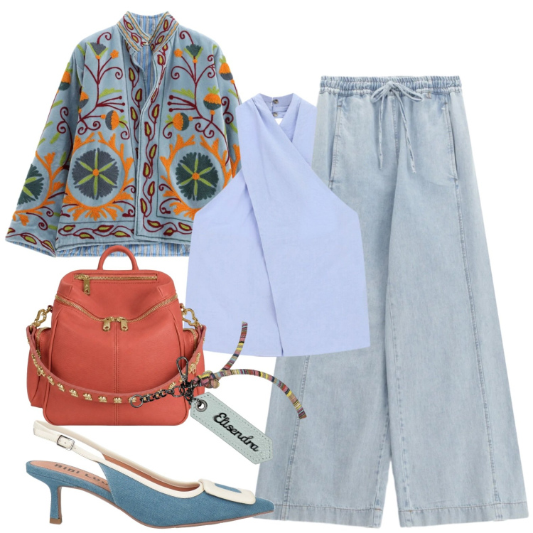 Outfit donna - Verso settembre. Stile Casual chic per Tutti i giorni. Abbinamento con décolleté, jeans, top, giacche, zaini, portachiavi.
