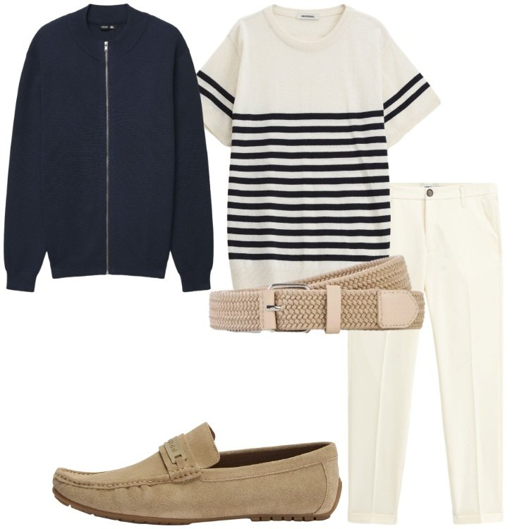 Outfit uomo - Stile da barca. Stile Trendy per Serata speciale. Abbinamento con cinture, scarpe stringate, maglieria, pantaloni, cardigans.