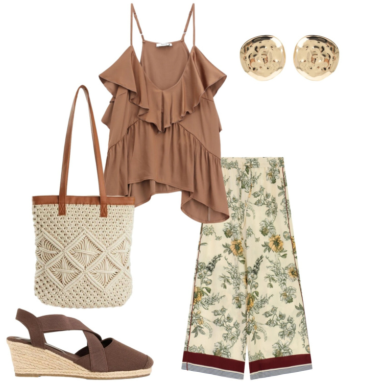 Outfit donna - Fine agosto. Stile Casual chic per Tutti i giorni. Abbinamento con zeppe, shopping bag, orecchini, top, pantaloni a palazzo.