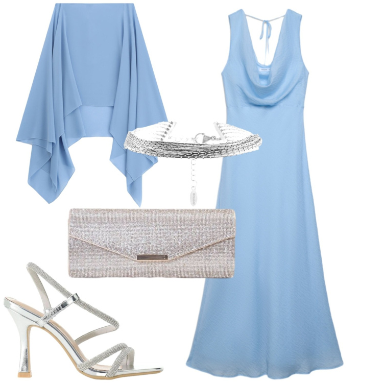 Outfit donna - Azzurro di sera. Stile Chic per Serata fuori. Abbinamento con cappe, sandali col tacco, vestiti lunghi, clutch, braccialetti.