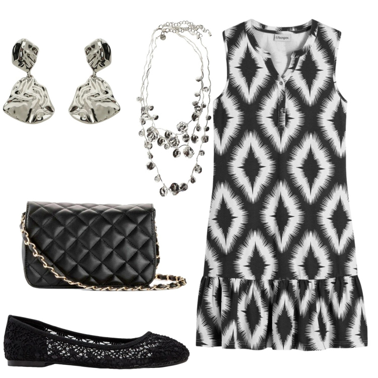 Outfit donna - Agosto. Stile Casual chic per Tutti i giorni. Abbinamento con ballerine, borse a tracolla, vestiti, orecchini, collane.