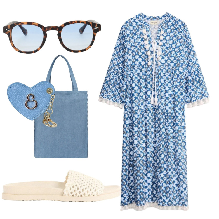Outfit donna - Curvy. Stile Etnico per Tutti i giorni. Abbinamento con vestiti, ciabatte, occhiali da sole, borse tote, portachiavi.