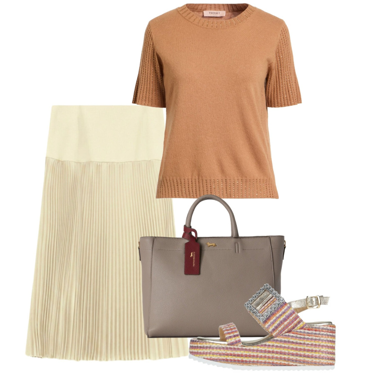 Outfit donna - Naturale in vacanza - Focus Donna Curvy. Stile Bon Ton per Tutti i giorni. Abbinamento con pullovers, sandali in pelle, borse a mano, gonne longuette.