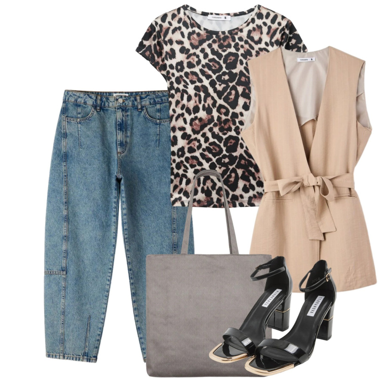 Outfit donna - Terranova - Infinite Summer. Stile Chic per Tutti i giorni. Abbinamento con gilet, jeans, t-shirt, sabot, shopping bag.