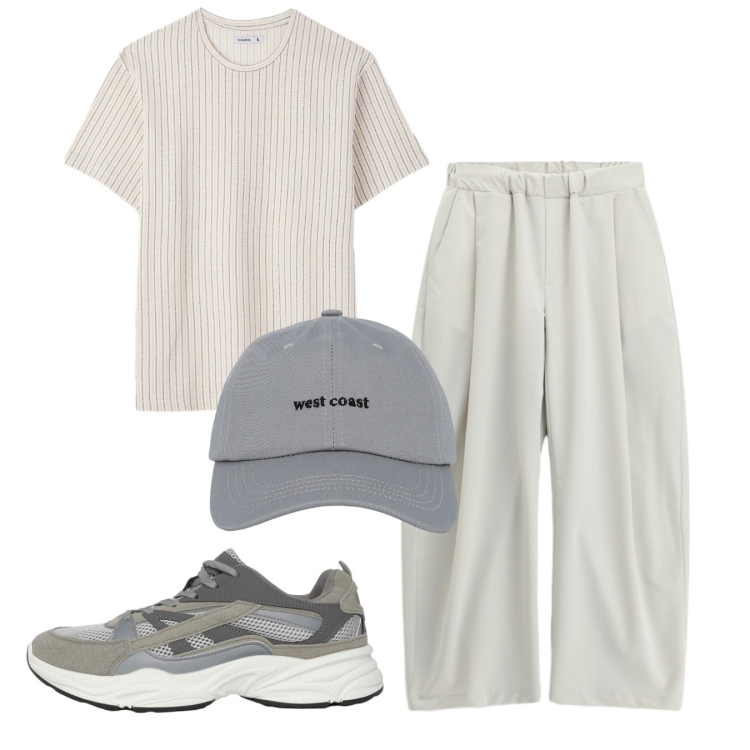 Outfit uomo - Total look #2455819. Stile Trendy per Tutti i giorni. Abbinamento con pantaloni a palazzo, sneakers, t-shirt, cappelli con visiera.