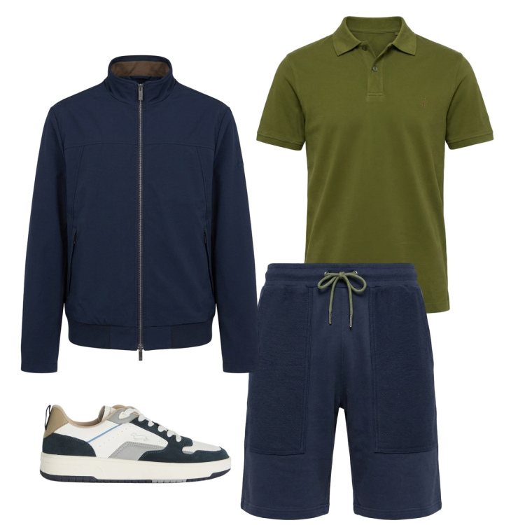 Outfit uomo - Passeggiata con rischio pioggia. Stile Casual per Tutti i giorni. Abbinamento con bomber, pantaloni corti, polo, sneakers.