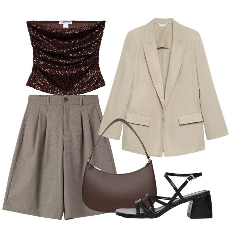 Outfit donna - Terranova - Infinite Summer. Stile Chic per Serata fuori. Abbinamento con bermuda, top, borse a tracolla, blazer, sandali col tacco.