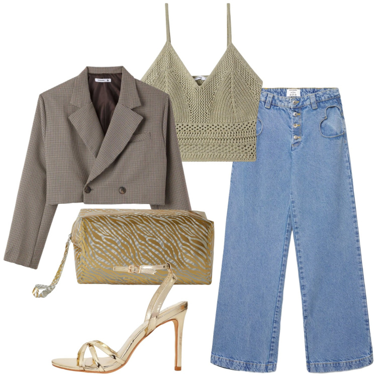 Outfit donna - Terranova - Infinite Summer. Stile Casual chic per Serata fuori. Abbinamento con jeans, top, valigie, blazer, sandali col tacco.