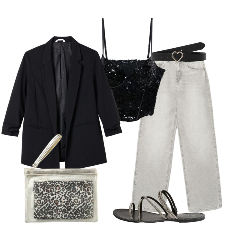 Outfit donna - Jeans passpartout. Stile Glamour per Serata fuori. Abbinamento con jeans, blazer, pochette, top, sandali, cinture.